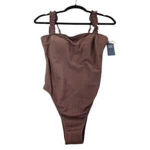NWT Abercrombie & Fitch Ribbed Bodysuit Womens Size Small Brown Ruffle Straps